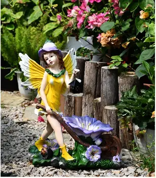 Europa-Cute Flower Fairy Ornamenter Harpiks Pige Engel Figur Skulptur Kunst Udendørs Gårdhave Møbler Dekoration Håndværk