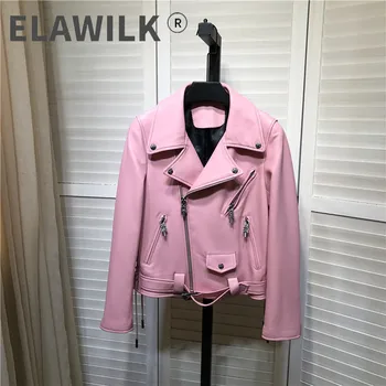 Europa Style Kvinders Høj kvalitet i Ægte læder jakker Hot Mode Pink farve biker pels B574