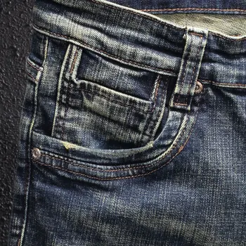 Europa-Vintage Mode Mænd Jeans Retro Blå Elastisk Slim Fit Ripped Jeans Mænd Broderi Design Patchwork Casual Denim Bukser