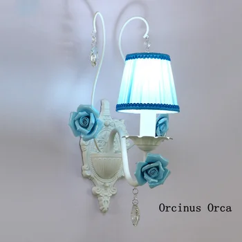 Europæisk stil pastorale blå væg lampe til stuen, gangen sengelampe Middelhavet kreative blomst strygejern væglampe