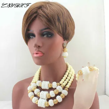 Fantastisk Dubai Gold Brude Statement Halskæde Sæt Hvid Afrikansk Smykke Sæt Krystal Perler Bryllup Smykker Gratis Fragt L0076