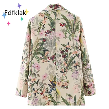 Fdfklak Dame Blazer Dobbelt Breasted Blomst Fugl Print Suit Jacket Løs Stor Størrelse Frakke Fashion Formelle Blazer Kontor 2019