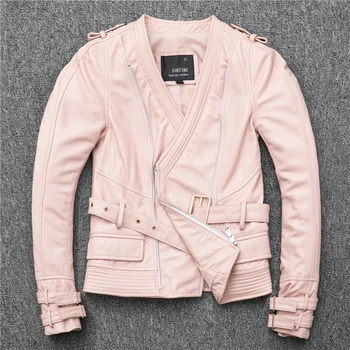 Forsendelse,Helt nye Gratis style kvinder læder frakke.salg.mode slank fåreskind jakke.street pink motor jakke.lady kvalitet