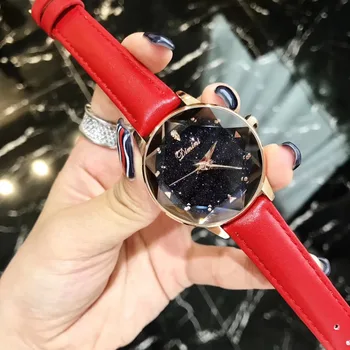 Fristende Røde Ure til Kvinder Party Dress armbåndsur Quartz Vandtæt Ægte Læder Strap Watch Multi Udskåret Seks Stjerne Krystal