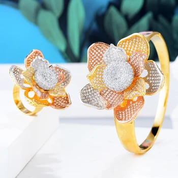 GODKI Super Blomster Blad Luksus Fuld Micro Cubic Zirconia Geometri Bangle Ring Sæt Til Kvinder Bryllup Dubai Brude Smykker Sæt