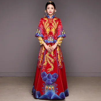 Gamle ægteskab kostume til bruden tøj kjole traditionel Kinesisk bryllup kjole dame cheongsam broderi phoenix red Qipao