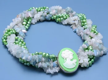 HABITOO 7 Rækker Naturlige Grønne Barok Perle Aquamarine Månesten Chips Skønhed Clasp Halskæde Smykker, Kæder Halskæde til Kvinden