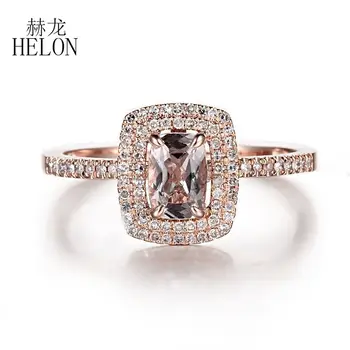 HELON Massivt 14K Guld Pude 6X4mm Naturlige Morganite & Diamanter Engagement Ring Kvinder Gemstone Fine Smykker Gave
