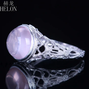 HELON Massivt 14K White Gold Fejlfri Runde 10mm Ægte Rosa Kvarts Diamant Ring Kvinder Vintage Fine Smykker, Ædelsten Ring