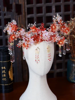 HIMSTORY Traditionel Kinesisk Bride Hair Smykker Hovedklæde Pynt til Kvinder Blomst med Øreringe Bryllup Tilbehør