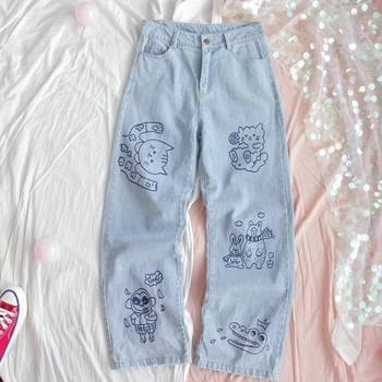 Harajuku Mode Bomuld Kvinder Denim Jeans Med Høj Talje Krøllet Denim Lige Bukser Søde Søde Hvalp Broderi Pige Denim
