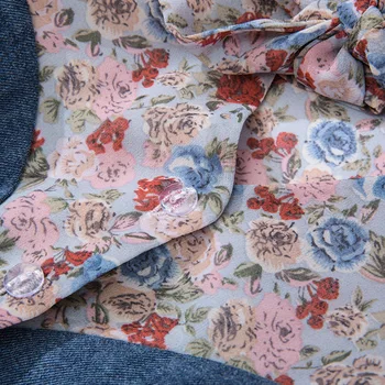 High Street Kvinder Sætter Foråret Og Sommeren Chiffon Floral Denim Patchwork-Shirt + Blusset Bukser Casual Fashion To-Piece Suit