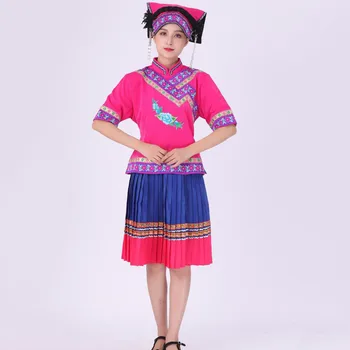 Hmong Tøj Etnisk Stil fase bære Broderi Folkemusik Dans, Performance, Kostume Kvinder Miao Tøj med hat
