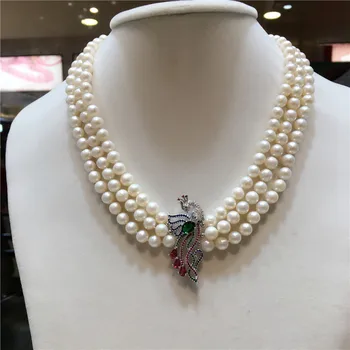 Hot sælge nye 7-8mm naturlig hvid ferskvandsperle zircon tilbehør lag kort halskæde sweater kæde mode smykker