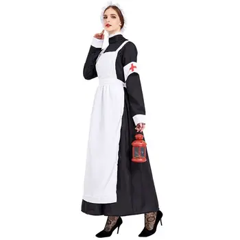 Hvid Og Sort Voksne Kvinder Halloween Nonne Kostumer Kvindelige Sygeplejerske Carnival Cosplay Purim Parade Fase Vis Rolle Spil Party Dress