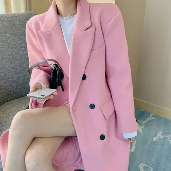 HziriP 2022 Nye Vintage Pink Blazer Kvinder Frakke OL arbejdstøj, der Passer Jakke Dobbelt Breasted Løs Tyk Outwear Kvindelige Lang Frakke