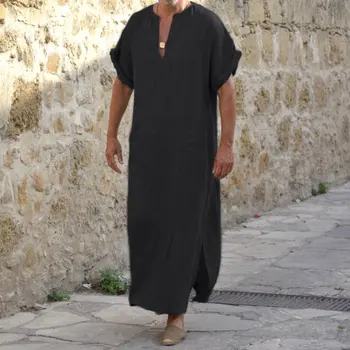 INCERUN Mænd Klæder Kaftan Muslimske Arabiske Islamiske V-hals, Korte Ærmer Solid CottonThobe Vintage Loungewear Plus Size Arabien Mand abaya