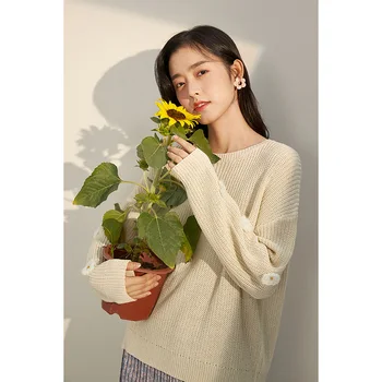 INMAN Kvinder Sweater Foråret Efteråret Sød Minimalistisk Runde Krave Tre-dimensionelle Blomster Beige Løs Strikket Pullover