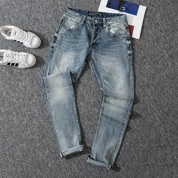 Italiensk Stil Og Mode Til Mænd, Jeans Lys Blå Elastisk Slim Fit Bunden Retro Vintage Jeans Mænd Designer Casual Bomuld Denim Bukser