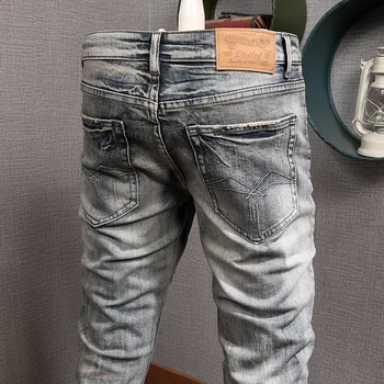 Italiensk Stil Og Mode Til Mænd, Jeans Retro Elastisk Bomuld Slanke Ripped Jeans Mænd Streetwear Broderi, Patchwork-Designer Denim Bukser