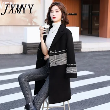 JXMYY Fashion Sort Uld Frakke Kvinder Mid-Længde koreansk Stil Efteråret Og Vinteren Ny farve Krave Uldne Frakke