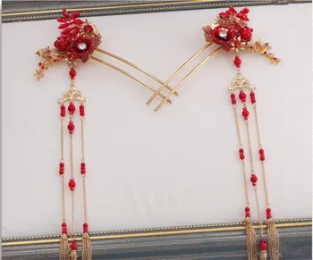 JaneVini Kinesisk Stil Røde Blomster Hårnåle Gamle Vintage Brude Hovedklæde med Øreringe Kvinder Bryllup Smykker, hårpynt