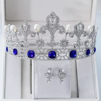 JaneVini Vintage Royal Blå Brude Diademer med Øreringe Fashion Dronning Kroner Medaljon Krystaller Bryllup Smykker, hårpynt