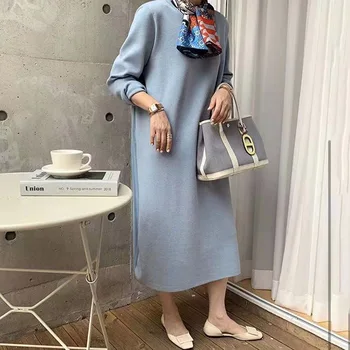 Japansk Stil, Mode Kvinders Ny Kjole 2021 Efterår, Vinter Farve Splejsning Strik Kjole Løs Casual-Lang Kjole