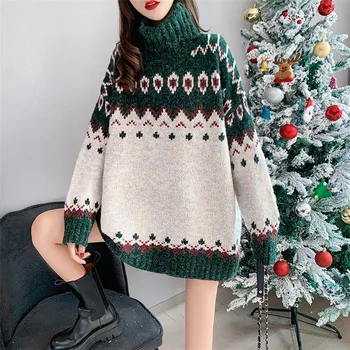 Jul Sweater Nye Stribede Sweater Kvinder Løs koreansk Stil, Høj Krave Efteråret og Vinteren Ydre Bære Trøjer Kvinder ' s Tøj