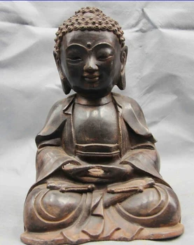 Kinesisk Buddhisme Viften Gamle Kobber Bronze Tathagata RuLai Sakyamuni Buddha Statue