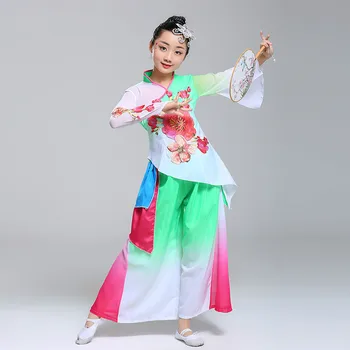 Kinesisk Folkemusik Dans Piger Fan Dancewear Traditionelle Nationale Tøj Børn Moderne Paraply Gammel Dans Kostumer Tops + Bukser
