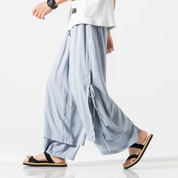 Kinesisk Stil Løs Plus Size Culotte Tang Passer Hanfu Japansk Harajuku Falske To-Stykke Hakama Bukser Bred Bukser Mænd Tøj