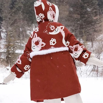 Kinesisk stil Frakke efterår og vinter nye retro rød ræv print bue søde cardigan retro nye år syning kvindelige varm jakke hooded