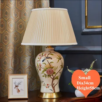 Kinesiske blomst fugl keramiske små bordlamper Europæiske retro abrikos lampeskærm kobber base E27 LED-lampe til sengen&foyer MF035