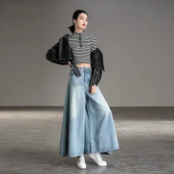 Koreanere Høj Talje Denim Bred Ben Bukser til Kvinder Foråret Efteråret Ankel-Længde Vintage Plus Size Jeans Harajuku Big Swing Culotte