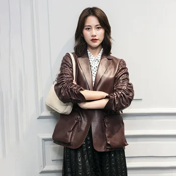 Koreansk stil til kvinder i høj kvalitet i ægte læder frakke Fashion kvinder lomme læder jakker B277