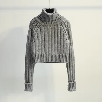 Kort Empired Strikket Kvinder Sweater, Trøjer Solid Rullekrave Langærmet Slank Sexet Kvinde Trækker Outwear Toppe
