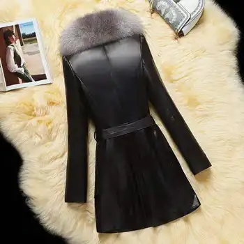 Kvinder efterår og Vinter fashion efterligning fox fur Jakke 2021 nye X-lang casual PU læder Jakke, elegant bælte Coats slim fit