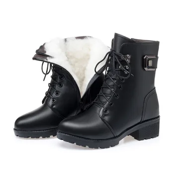 Kvinder fashion stor størrelse varm og blød vinter støvler med tyk hæl ko læder sko spids tå bomuld snow boot platform ankel botas