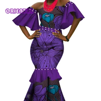 Kvinder med Afrikansk Print Kjole med Perler Mode Lang Dashiki Kjoler Afrika Bazin Riche Fra Skulder Kjole Party Aften WY639