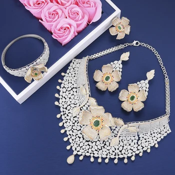 LARRAURI 4STK Halskæde Dingle Øreringe Ring Luksus Nigerianske Smykker til Kvinder, Flower CZ Dubai Bryllup Smykker Sæt