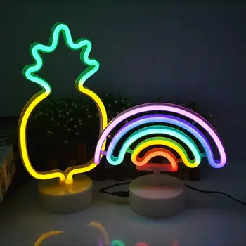 LED Nat lys Neon Lys Flamingo Coconut Tree Kaktus Unicorn Form Farverige Lampe til soveværelset Barn Gave Bordplade Nightlight