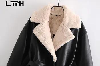 LTPH vintage Høj Kvalitet PU imiteret læder jakke, sort plus fnug Coats mid-længde vinger slank Overtøj 2021 Efterår og Vinter Nye