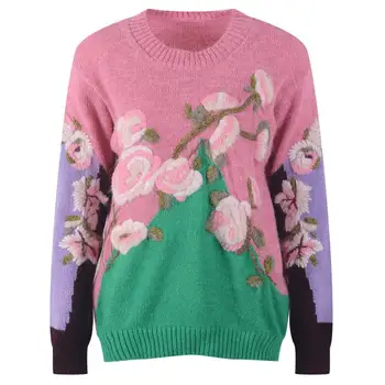 Landingsbanen Mohair Blomster Broderi Løs Casual Retro Pullover Pink Sweater Koreansk Design Strik Pels Version Tøj 2021 Ny