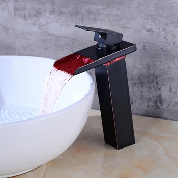 Led-Basin Vandhaner Moderne Sort Bronze Badeværelse Faucet-Vandfald vandhaner Enkelt Hul Koldt, Varmt Vand Tryk på Håndvask Armatur Blandingsbatterier