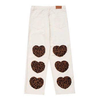 Leopard Brev og Hjerte Form Broderi Splejset Herre 2021 Jeans Bukser Retro Harajuku Streetwear Løs Oversize Denim Bukser