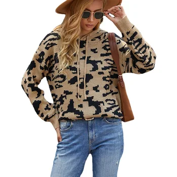 Leopard Print Sexy Sweater Kvinder ' s Efterår/Vinter 2021 Nye Mode med Lange Ærmer Snøre Hætte Personlighed Kvalitet Sweater