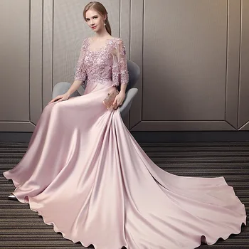 Luksus Dusty Pink Kjoler til Brudens Mor Halv Ærmer Satin Blonder Perlebesat A-Line Bryllup Mor Aften Kjole Med Tog 2021
