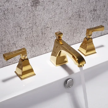 Luksus Guld messing badeværelse vask vandhane tre huller, to håndtag, håndvaskarmatur, vandhane top kvalitet koldt, varmt badeværelse hane