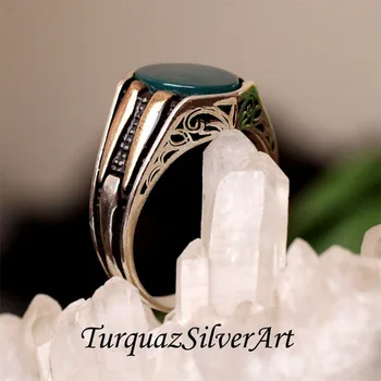 Mans 925 Aqua Blå-Grøn Oval Cut Agat Ring, Håndlavet 925 Sølv Ring, Sølv Håndlavet Ring for Manden